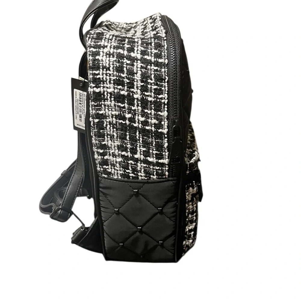 Badgley Mischka Black and White Tweed Quilted Backpack